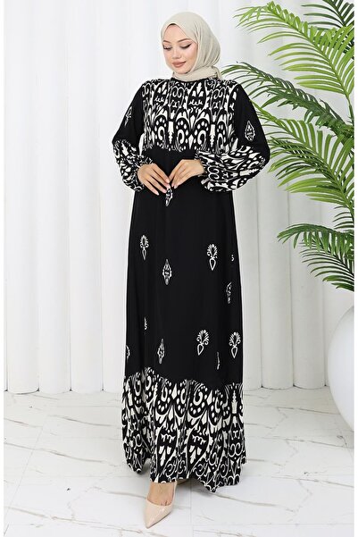 sefamerve Φόρεμα με σχέδιο από ύφασμα βισκόζης 0060-01 Μαύρο