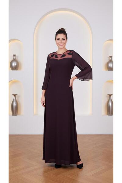 Nidya Moda Büyük Beden Mürdüm Şifon Kol Taş Motifli Uzun Abiye Elbise 4115m