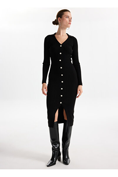 Fabrika V Yaka Yaka Düz Siyah Midi Kadın Elbise F4WL-ELB0363