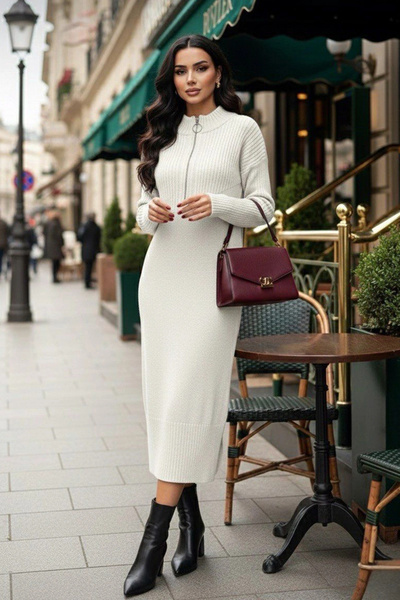 AsprinFashion Πλεκτό φόρεμα με στρογγυλή λαιμόκοψη με φερμουάρ και μακριά μαν...