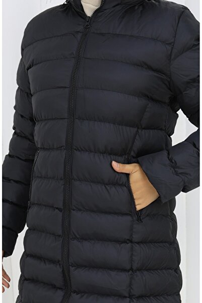 sefamerve Φουσκωτό παλτό με κουκούλα και φερμουάρ 0168-02 Μαύρο