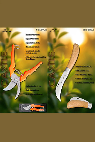 LAZBİSA Castle Cst-11x Budama Makası Bağ Makası Ve Aşı Çakısı Bıçağı 2 Li Set