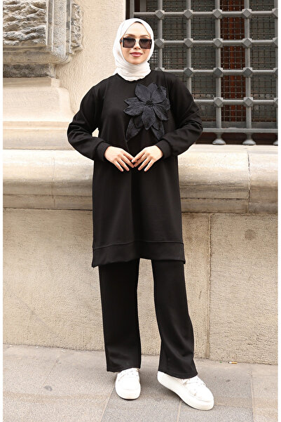 sefamerve Premium υφασμάτινο λουλούδι απλικέ Τούμπα Σετ Διπλό 0214-03 Μαύρο