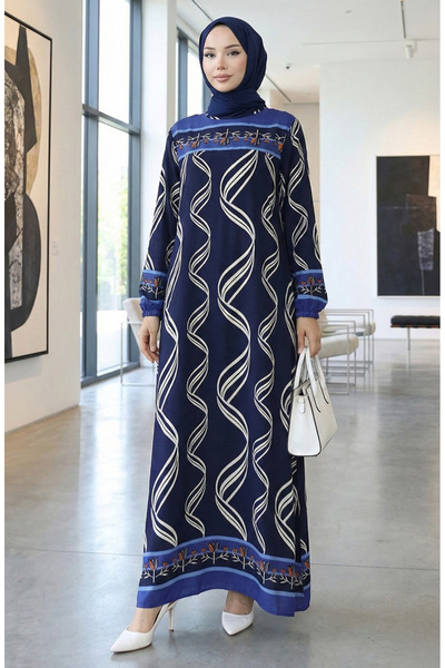 sefamerve Viscose Fabric Elastic Sleeve Dress 0031-05 Navy Blue