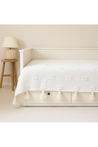 Divanest Tasseled Nordic Hemnes Divan Cover Chenille Pique, Bedspread Ecru