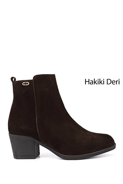 GÖNDERİ(R) Women's Brown Suede Zippered Thick Heeled Genuine Leather Boots