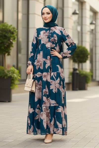 Bestenur Φόρεμα σιφόν με λουλούδια Indigo - 1351