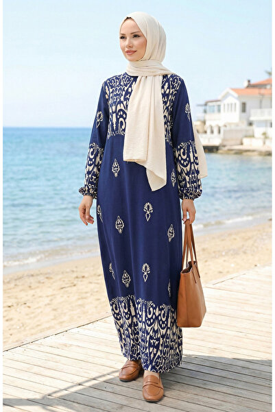 sefamerve Φόρεμα με σχέδιο από ύφασμα βισκόζης 0060-03 Navy Blue