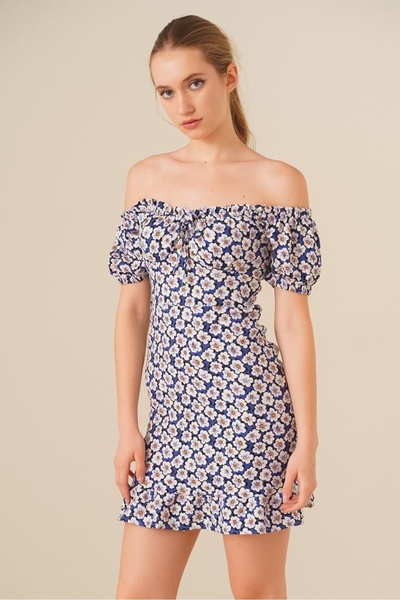 Cotton Mood 23124260 Patterned Mid-Chest Elastic Short Sleeve Dress Laci