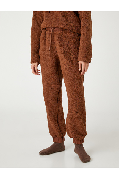 Koton Plush Jogger Pajama Bottoms with Lace Waist Pocket Detail