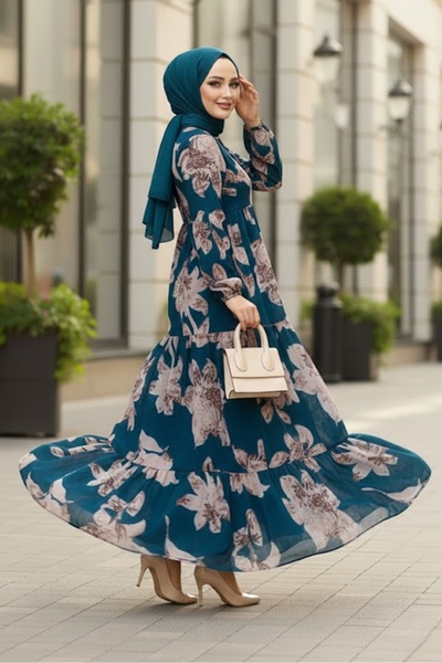 Bestenur Φόρεμα σιφόν με λουλούδια Indigo - 1351