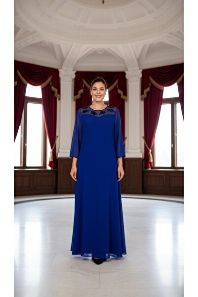 Nidya Moda Büyük Beden Saks Şifon Kol Taş Motifli Uzun Abiye Elbise 4115sx