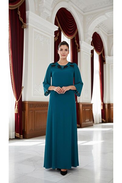 Nidya Moda Büyük Beden Petrol Şifon Kol Taş Motifli Uzun Abiye Elbise 4115p