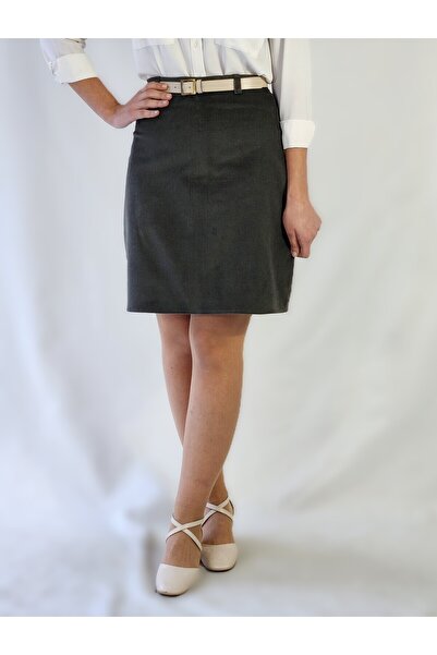 YAXİ High Waist Knee Length Khaki Velvet Twill Fabric A-Line Skirt