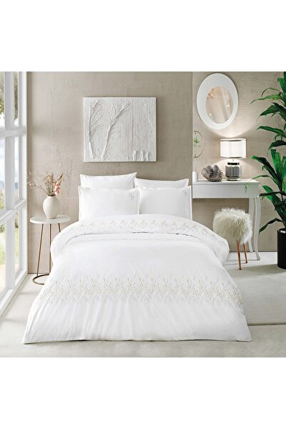 Linens White Premium Chiffon Cotton Brode Double Duvet Cover Set