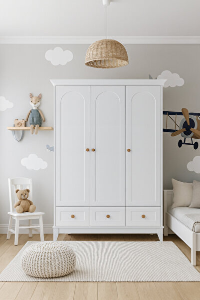 Koza Oslo %100 MDF Düz Kapak Beyaz 3 Kapılı Bebek & Çocuk Gardırop