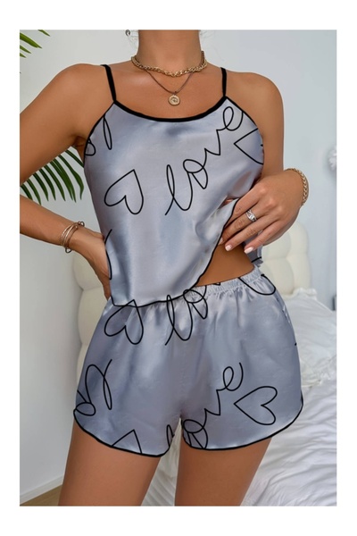 Cicişim Gray Love Printed Satin Shorts Nightgown Set