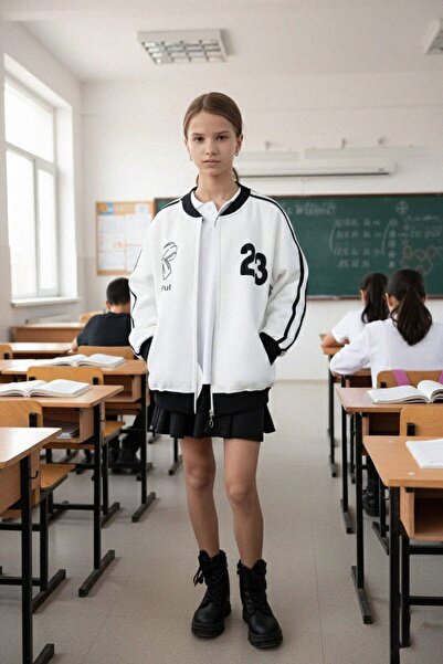 Cansın Mini Ecru Beautifull Written Sleeve Stripe Girl's College Cardigan 21192