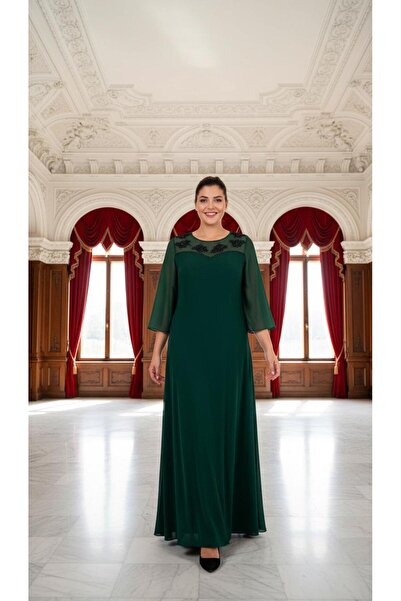 Nidya Moda Büyük Beden Yeşil Şifon Kol Taş Motifli Uzun Abiye Elbise 4115y