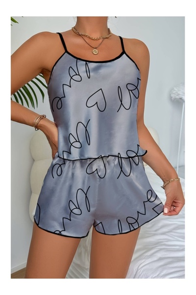 Cicişim Gray Love Printed Satin Shorts Nightgown Set