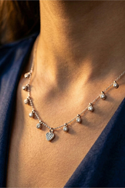 Dağıstanlı Kuyumculuk 0,13 Karat Pırlantalı 14 Ayar Altın Kalp Motifli Sıra Yuvarlak Taşlı Kolye