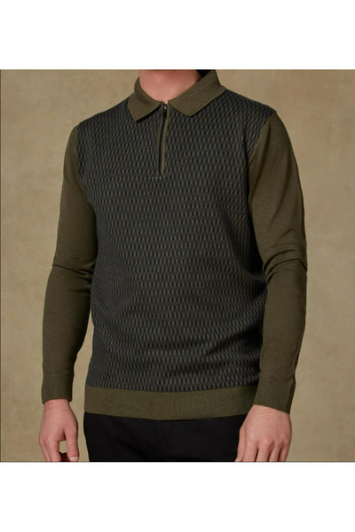 Abbate Πλεκτό ύφασμα Claro από βαμβακερό μείγμα μοντέρνας εφαρμογής Χακί πόλο με λαιμόκοψη Ανδρικά πλεκτά με σχέδια