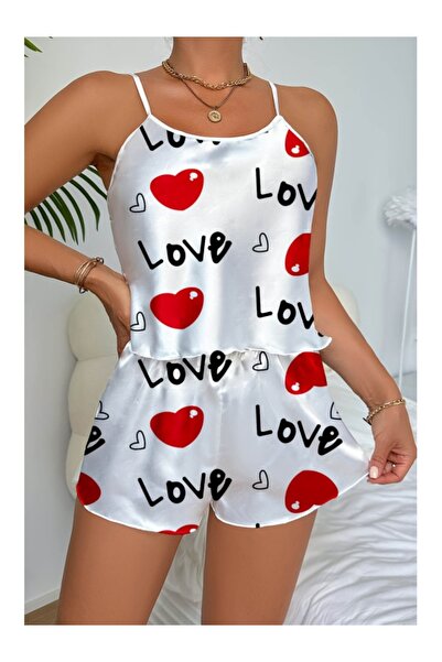 Cicişim Σετ νυχτικό με σατέν σορτς με λευκό σχέδιο αγάπης