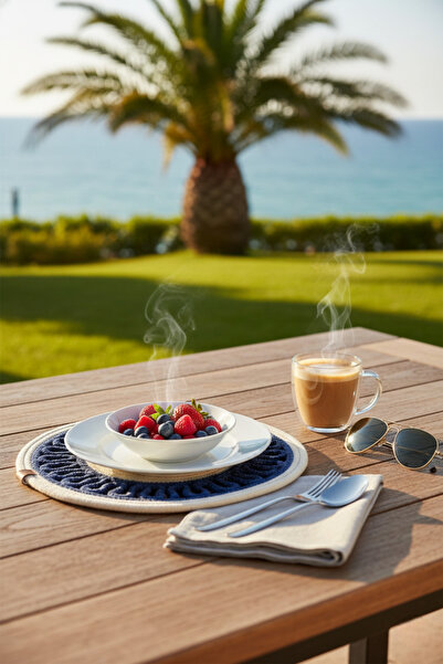 NEŞELİ HOME سجادة أمريكية دائرية منسوجة من الجوت بمظهر القش، بلون كريمي وأزرق...