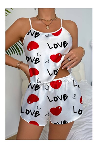 Cicişim Σετ νυχτικό με σατέν σορτς με λευκό σχέδιο αγάπης