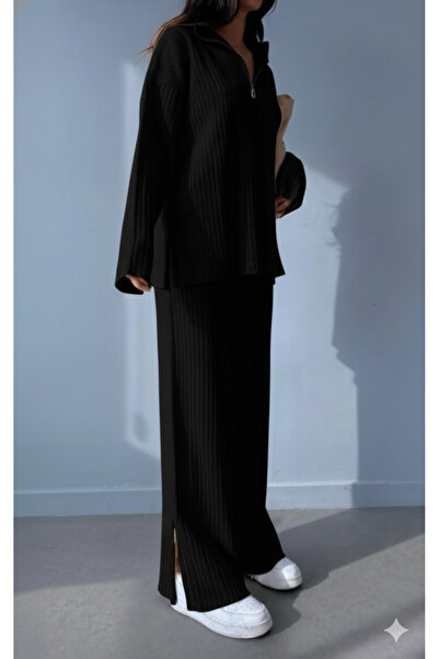 NİCE Women's Baggy Style Corded Fabric Collar Zippered Leg Slit Side Zippered Knitwear Set Black