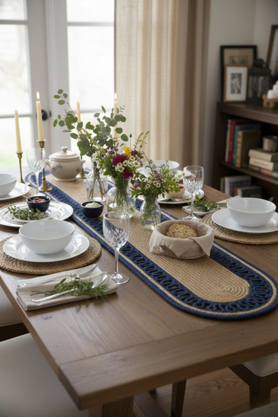 NEŞELİ HOME مفرش طاولة بيضاوي من الجوت بمظهر القش الطبيعي باللون الأزرق الداك...