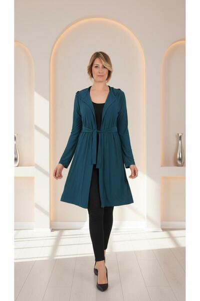 Nidya Moda Büyük Beden Yeşil Kapşonlu Kuşaklı Ceket-1016sy