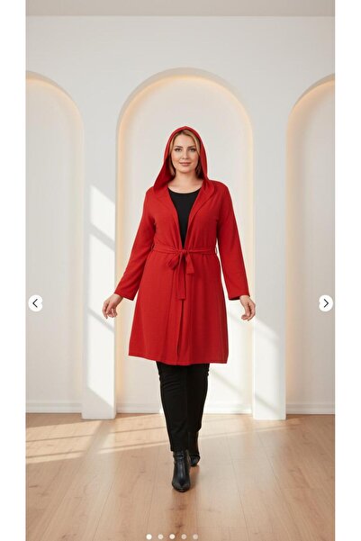 Nidya Moda Kadın Kırmızı Kapüşonlu Kuşaklı Ceket 1016SK