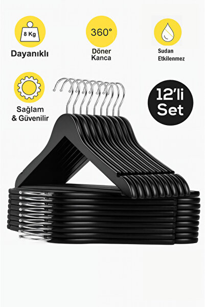 Lorien 12 Adet Elbise Askısı Ahşap Görünümlü Askı Plastik A Kalite Siyah