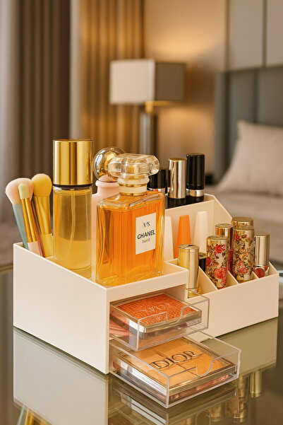 MAKRİ HOME Şeffaf İki Çekmeceli Krem Organizer, Şık Düzenleyici, Yükseklik 9 cm x En 24,5 cm x Derinlik 12 cm