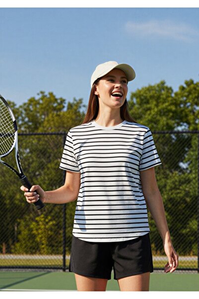 Amia&Co. Ecru-Black Striped Crew Neck Short Sleeve T-Shirt