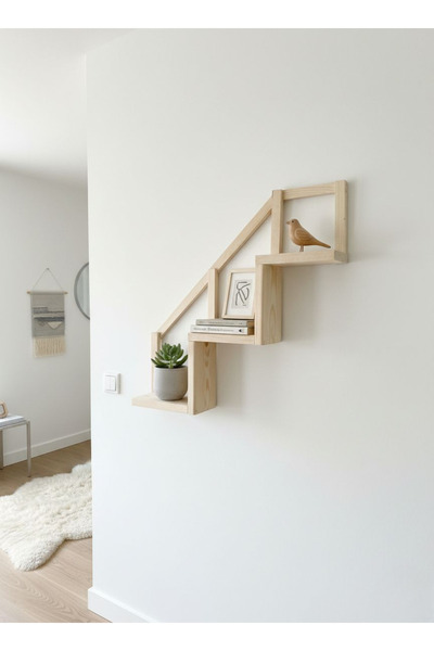 varje Dekoratif Doğal Ahşap Merdiven Temalı Duvar Rafı