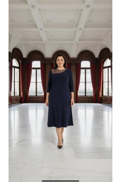 Nidya Moda Kadın Lacivert Taş İşleme Tül Kombin Abiye Elbise 4089L