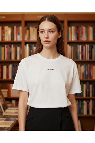 Amia&Co. Ekru-Bordo Kısa Kollu Bisiklet Yaka Nakışlı T-Shirt