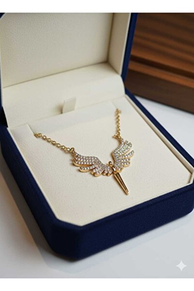 Xido Altın Renk Mikail Meleği Kanatlı Beyaz Taşlı Zirkon Çelik Kolye Sevgiliy...