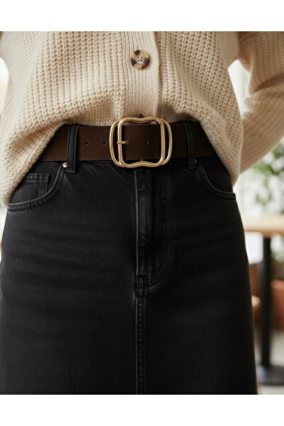 CSR AKSESUAR Curea din piele intoarsa maro cu catarama aurie superpusa