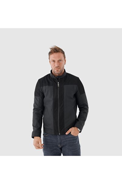 TOGO Siyah Hakiki Deri Erkek Süet Detaylı Deri Mont [810016]