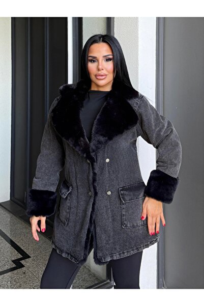 Lady Pixie Palton lung de damă din denim cu blană