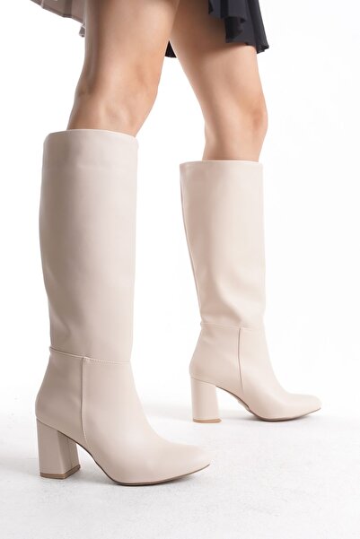 MARSEDO حذاء نسائي بكعب مكتنز باللون البيج - سحب أسفل الركبة، بدون سحاب