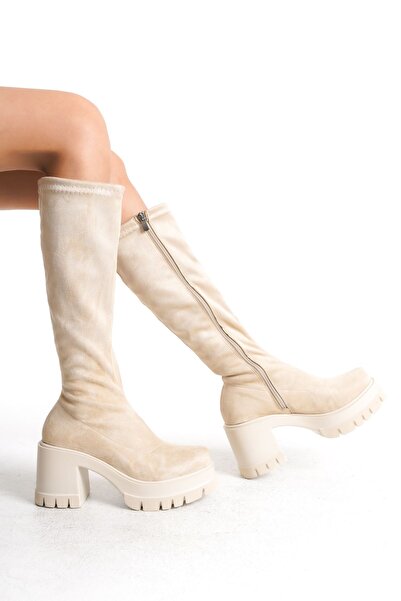 MARSEDO Emilly Beige Women's Boots - Thick Heel and Stretch Zipper