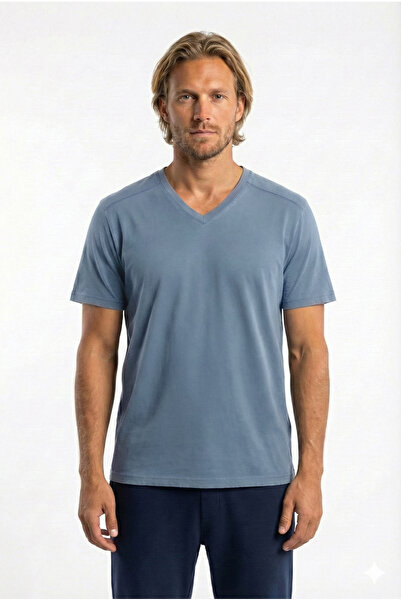 Cottonland Erkek AMADEUS Normal Kesim V Yaka Penye Pamuk T-Shirt MAVİ GRİ