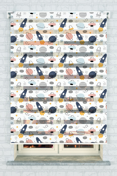 akel collection Uzay Roketleri ve Gezegenler Desenli Baskılı Zebra Stor Perde...