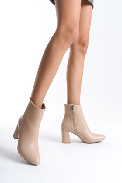 MARSEDO Γυναικείες μπότες Dara Beige - Πλαϊνό φερμουάρ, Οβάλ Μύτη, Χοντρό τακούνι