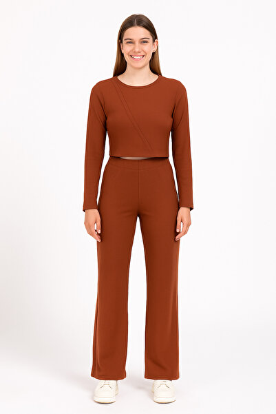 FOR YOU MODA Σετ μακρύ επάνω μέρος από ύφασμα βάφλα – Καφέ |   100% βαμβακερό φυσικό ύφασμα