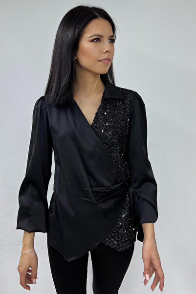 thesunfyre ΓΥΝΑΙΚΕΙΑ Σατέν μπλούζα με λαιμόκοψη V, ελαστικό μανίκι, ημι-παγιέτες, κορδόνι στο πλάι και λεπτή εφαρμογή